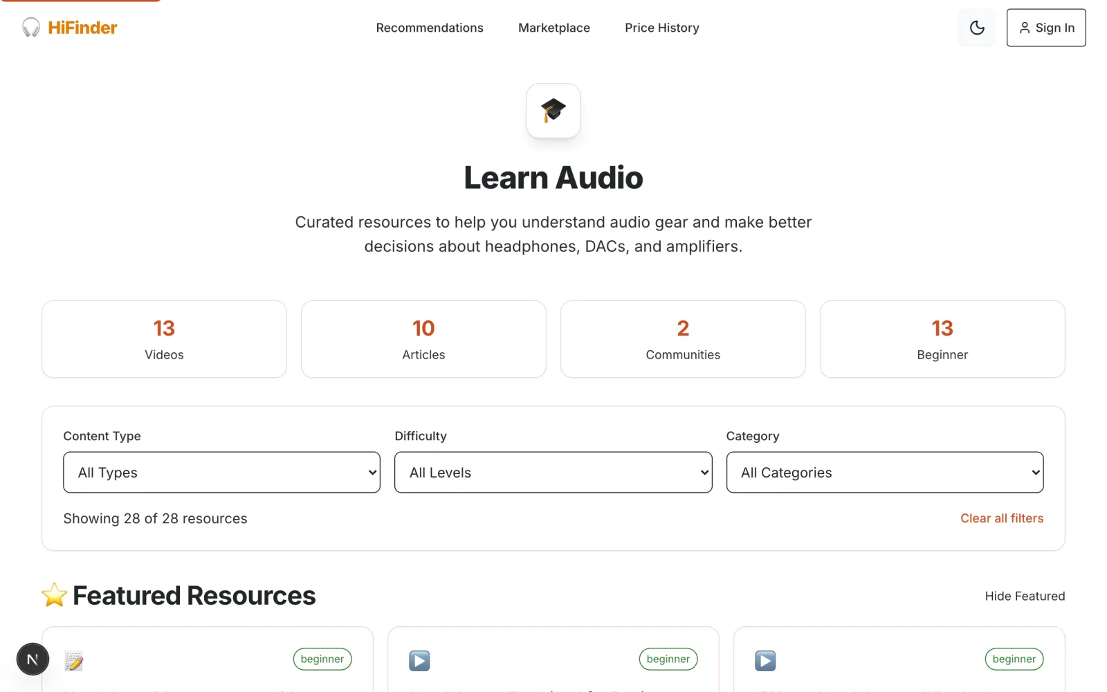 HiFinder learning hub with curated audio education resources