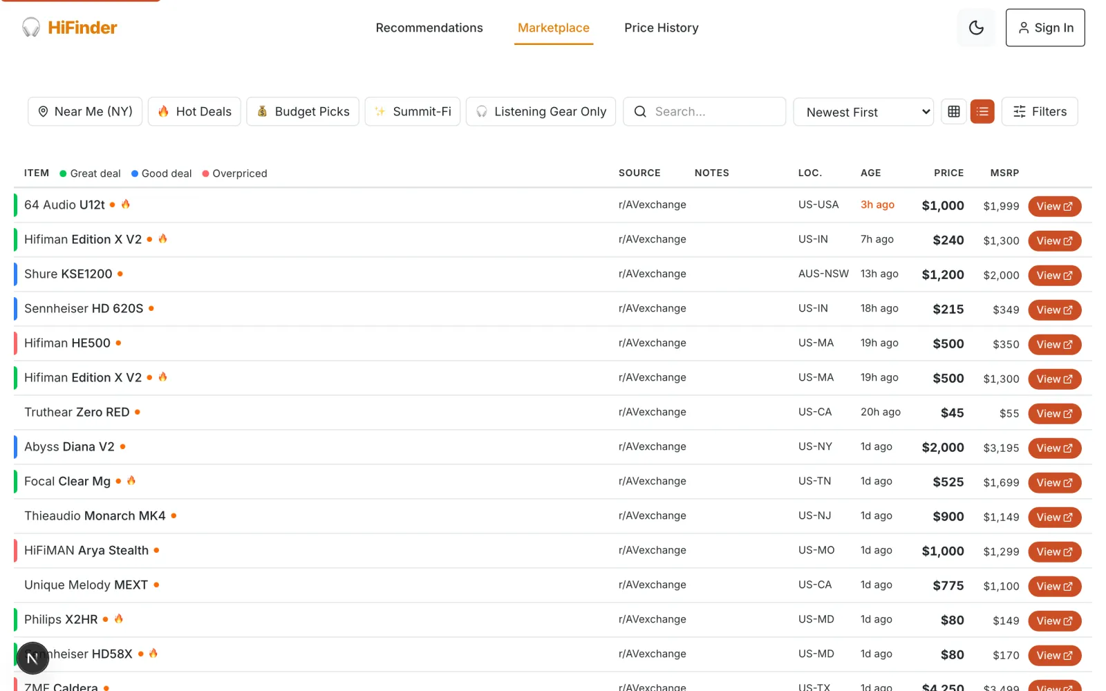 HiFinder marketplace showing used listings from r/AVexchange with price and location data