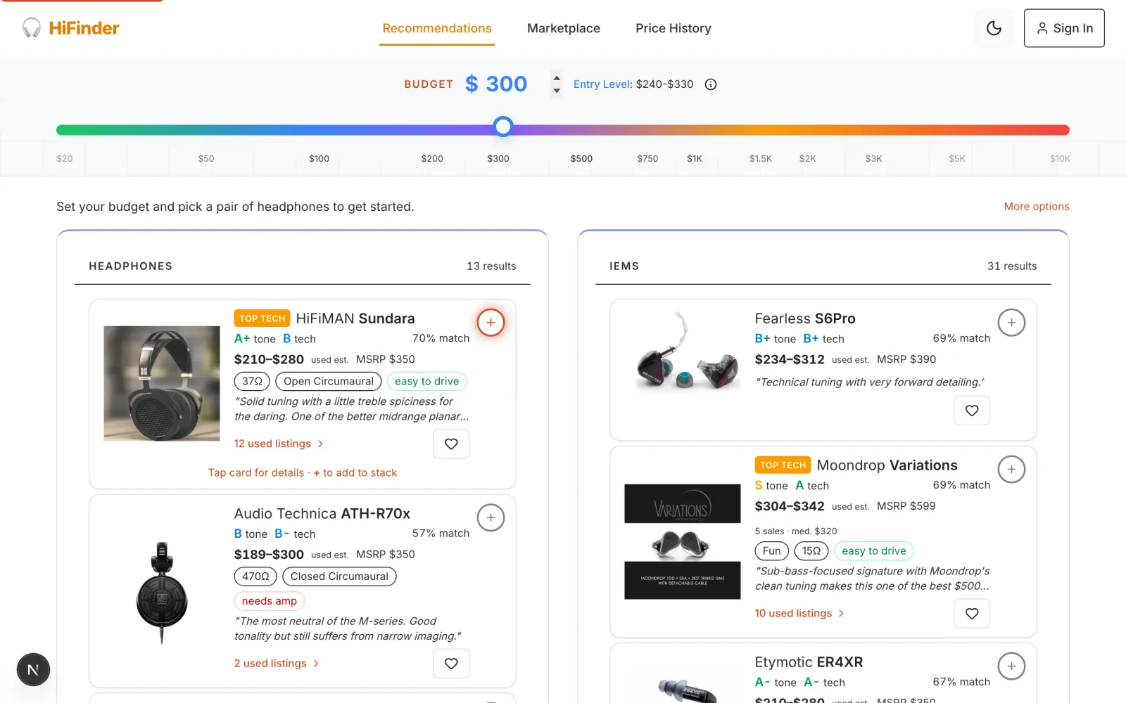 HiFinder recommendation engine showing headphone and IEM results at $300 budget