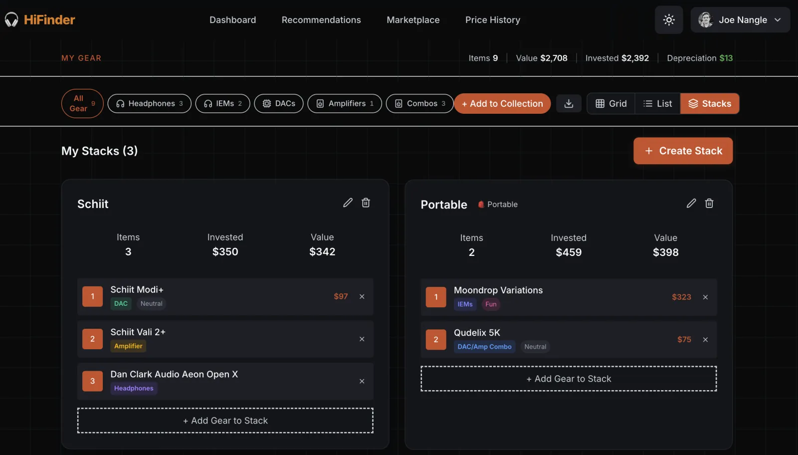 HiFinder gear management showing owned equipment organized into purpose-based stacks